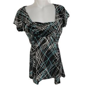 Can't Miss Women's Medium Blouse Black Geometric Knit Top Ruching Asymetrical